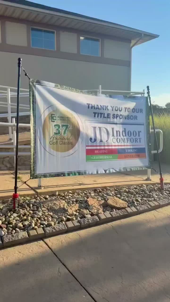 JD Indoor Comfort title sponsor banner at the Elyria Catholic 37th Annual Golf Classic