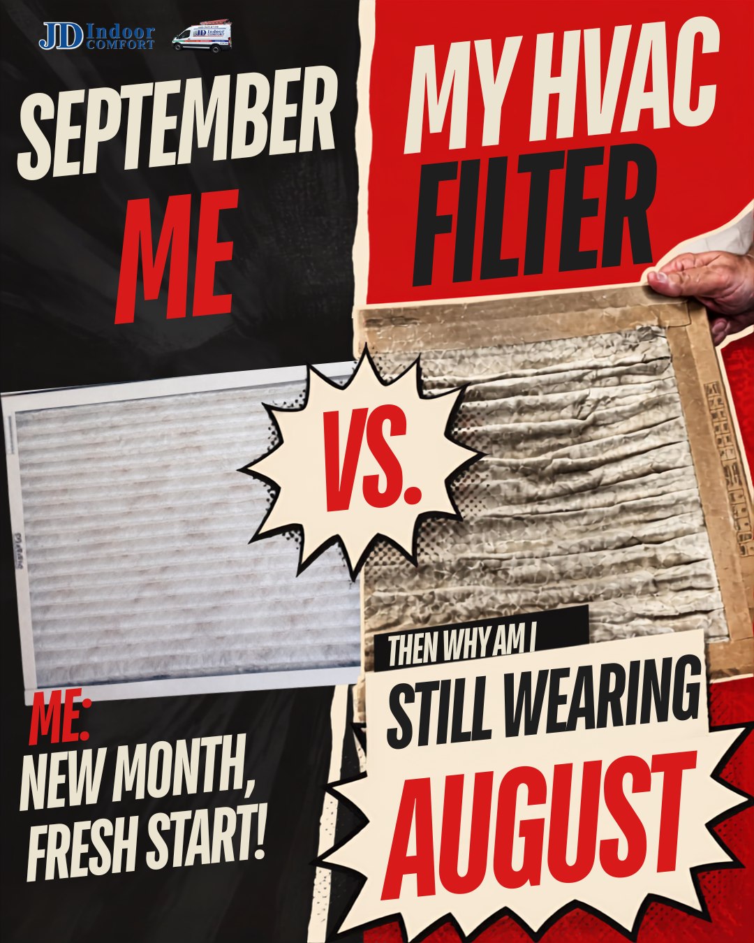 September filter reminder graphic comparing a clean filter to a dirty one