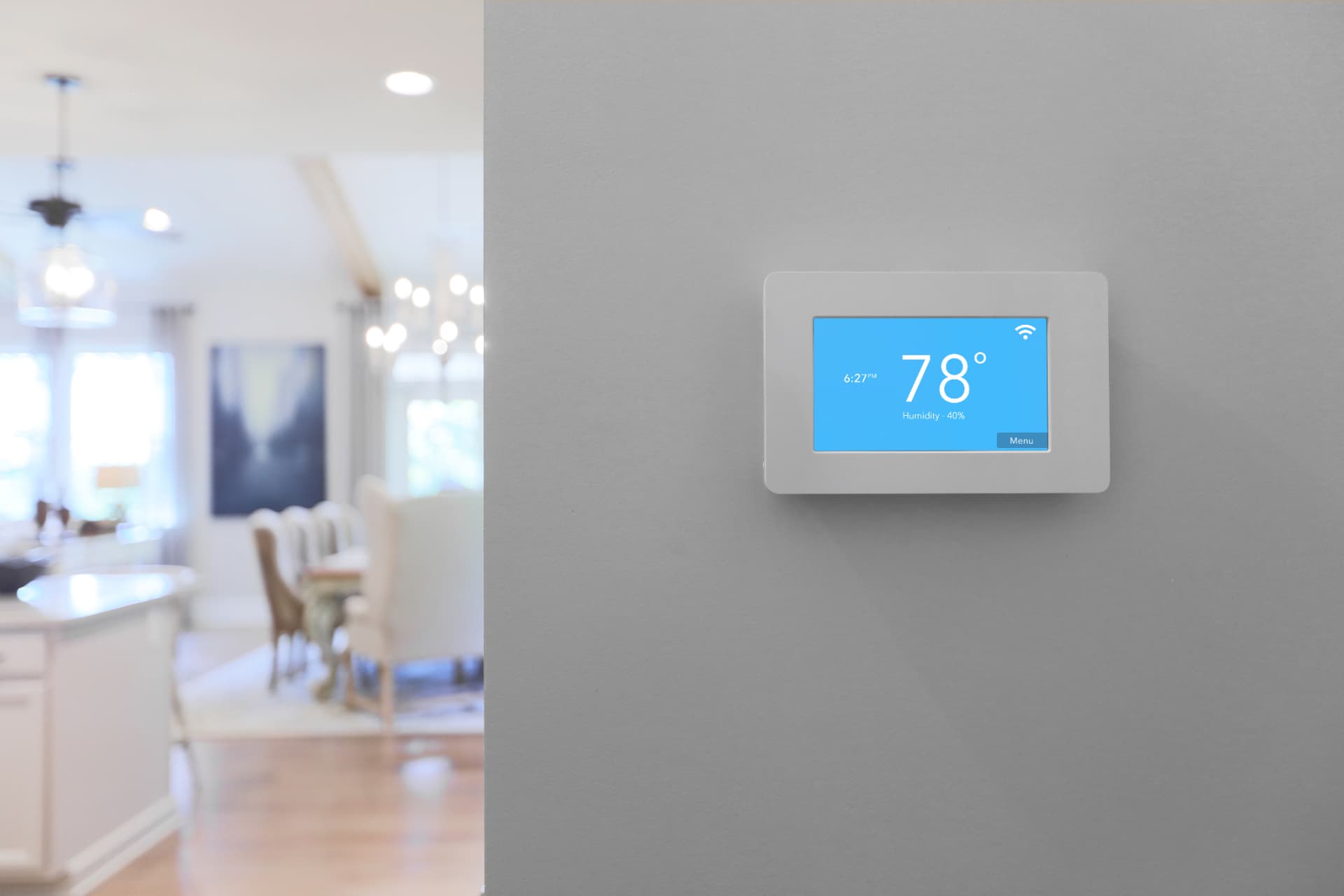 Smart thermostat displaying a comfortable temperature in a Northeast Ohio home
